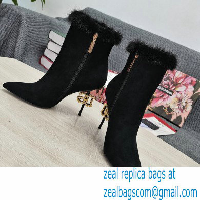 Dolce  &  Gabbana Mink Fur Thin Heel 10.5cm Leather Ankle Boots Suede Black with Baroque DG Heel 2021